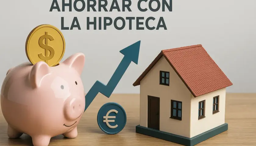 Hucha con moneda de dólar, flecha ascendente y casa. Descubre cuanto desgrava la hipoteca y ahorra.