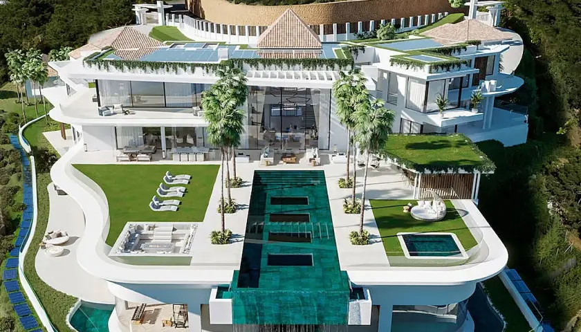 Lujosa mansión moderna con piscinas, terrazas y vistas panorámicas, la casa más cara de España.