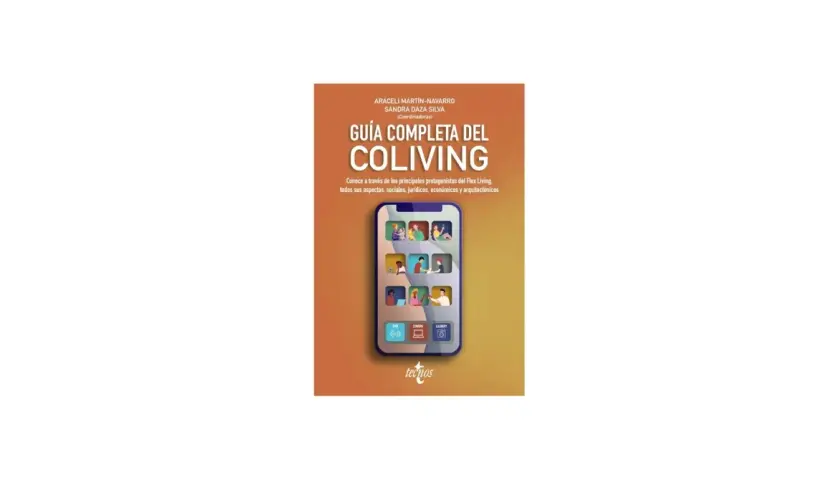 Guía completa del coliving que es, con imágenes de personas y servicios como gimnasio, coworking y lavandería en un smartphone.