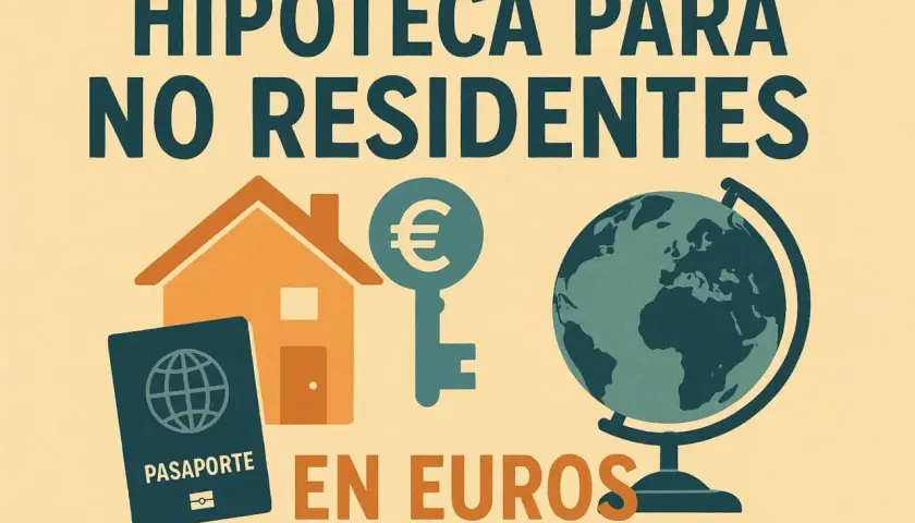 Pasaporte, casa y globo terráqueo junto a una llave con símbolo de euro. Hipoteca para no residentes en euros.