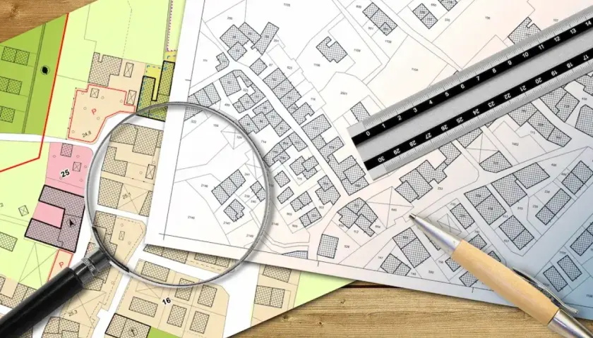 Planos detallados y herramientas de medición para evaluar la edificabilidad de una parcela.