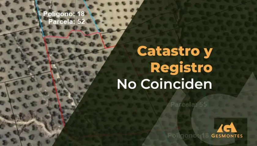 Mapa aéreo con polígonos y parcelas. El texto indica "Catastro y Registro No Coinciden", sugiriendo un problema al inmatricular una finca.