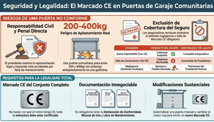 Infografía sobre seguridad y legalidad de puertas de garaje. Detalla riesgos, exclusiones de seguro y requisitos para el marcado CE, enfatizando la importancia del mantenimiento.