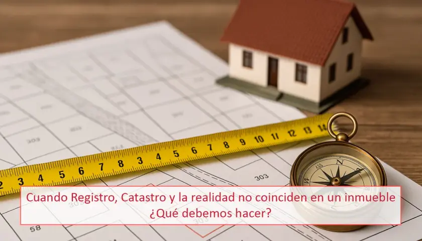 Plano de una finca registral con maqueta de casa, cinta métrica y brújula.