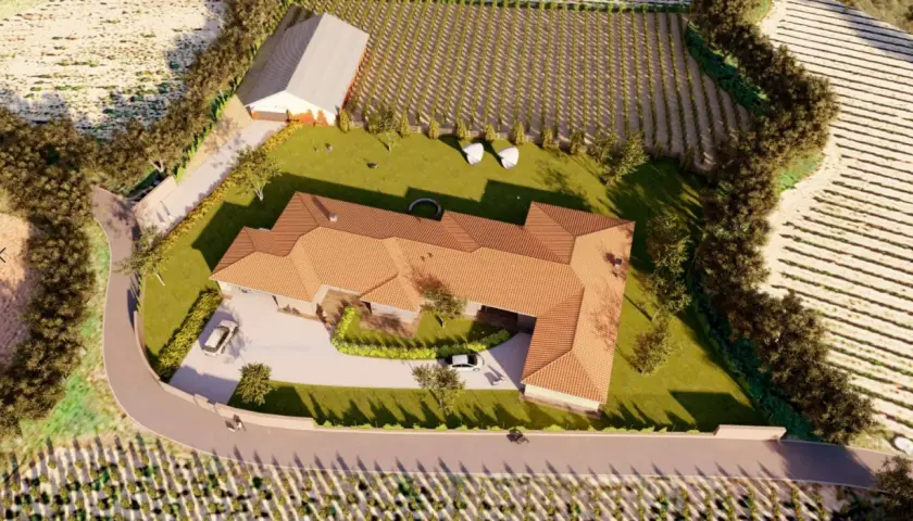 Vista aérea de una casa moderna con tejado de tejas, rodeada de viñedos y campos. Los planos de piso se visualizan en esta representación 3D.