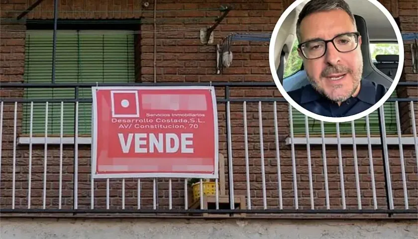 Hombre sonriente en un círculo sobre un cartel rojo de "SE VENDE" de servicios inmobiliarios, indicando oportunidades de inversiones inmobiliarias.