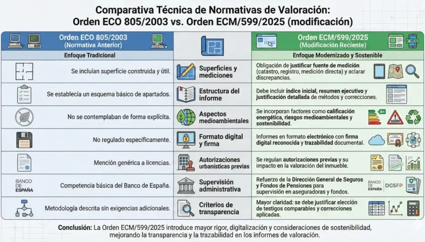 Comparativa de normativas de valoración: Orden ECO 805/2003 vs. ECM/599/2025. La nueva orden mejora rigor, digitalización y valoraciones rics.
