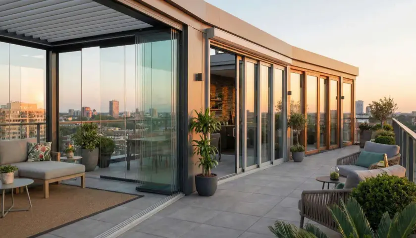 Terraza moderna con varios tipos de cerramientos exteriores: acristalamiento corredero y puertas de madera, vistas urbanas al atardecer.