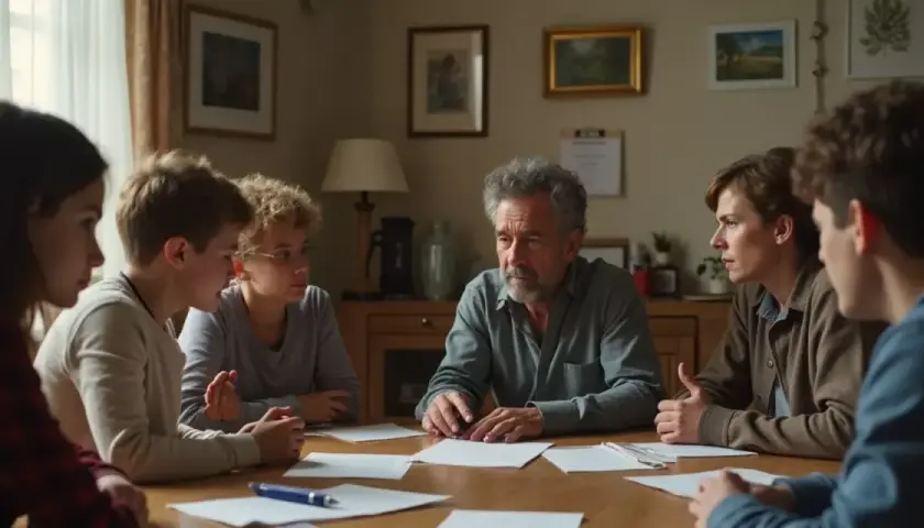 Familia reunida discutiendo cómo vender casa heredada hermanos.