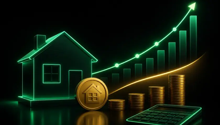 Casa, monedas y calculadora con gráfico ascendente. Los bce tipos de interes influyen en la inversión inmobiliaria.
