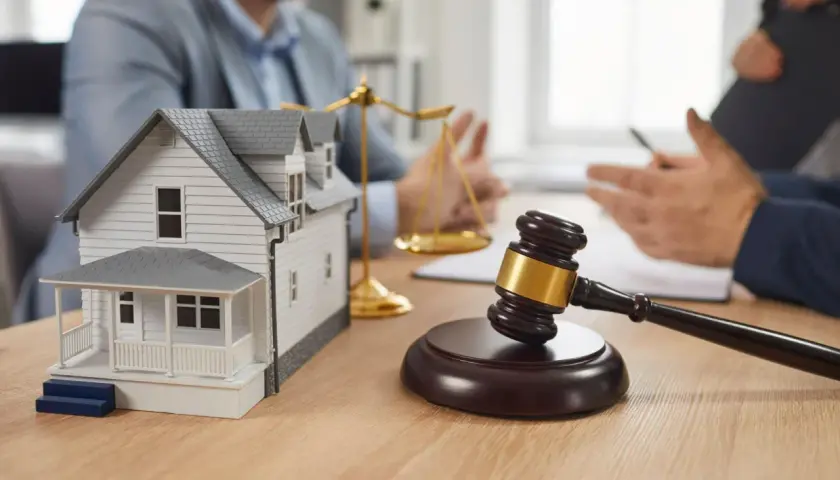 Maqueta de casa, mazo de juez y balanza de la justicia. Se discute la nueva ley de vivienda cuando entra en vigor.