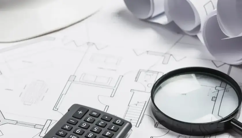 Planos de construcción, lupa, calculadora y casco. Se investiga si no existe valor de referencia catastral.