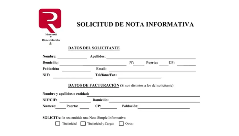 Formulario para solicitar una Nota Simple Informativa, con campos para datos del solicitante y de facturación, asegurando la validez de la nota simple.