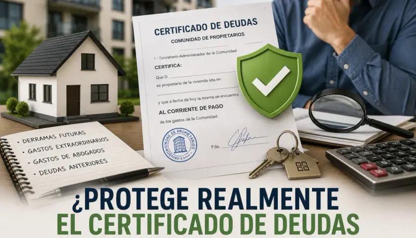 Certificado de deudas y libreta con gastos de vivienda en Madrid. Un comprador evalúa los gastos de compra vivienda Madrid.