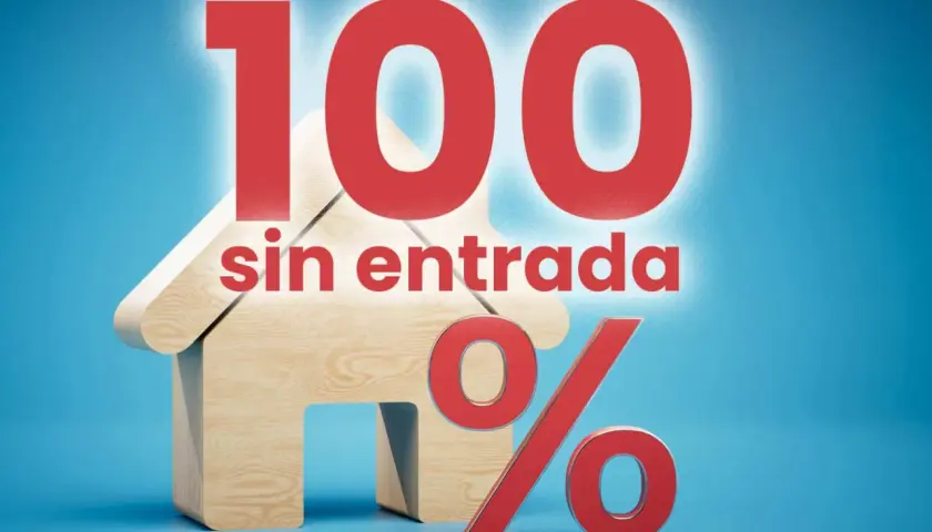Casa de madera con números rojos "100 sin entrada" y símbolo de porcentaje. Descubre cómo conseguir una hipoteca al 100.