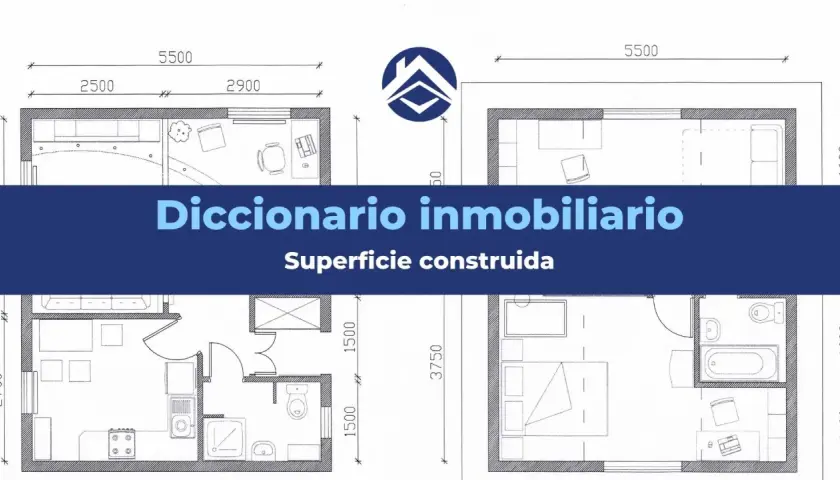Planos de distribución de viviendas con medidas. El texto indica "Diccionario inmobiliario" y "Superficie construida".