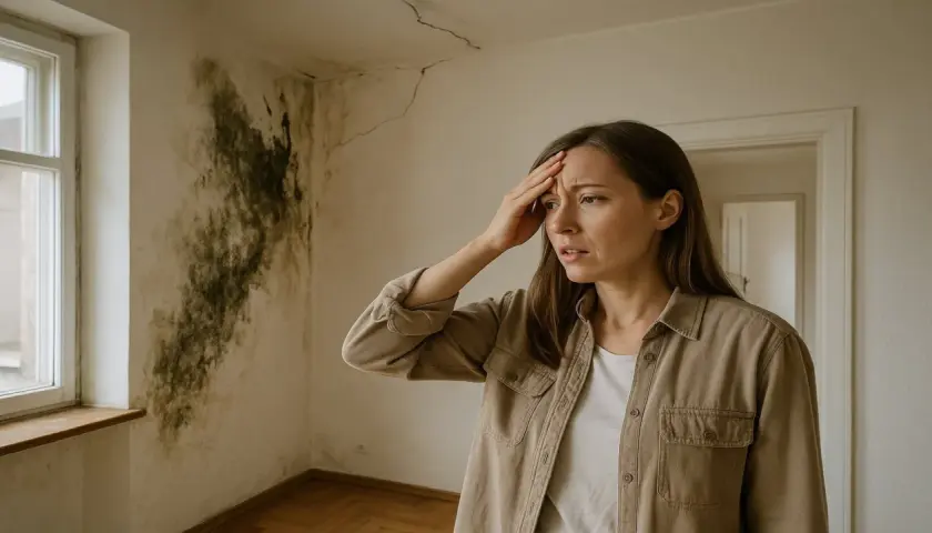 Mujer angustiada mira pared con moho y grietas. ¡La inmobiliaria me ha engañado!