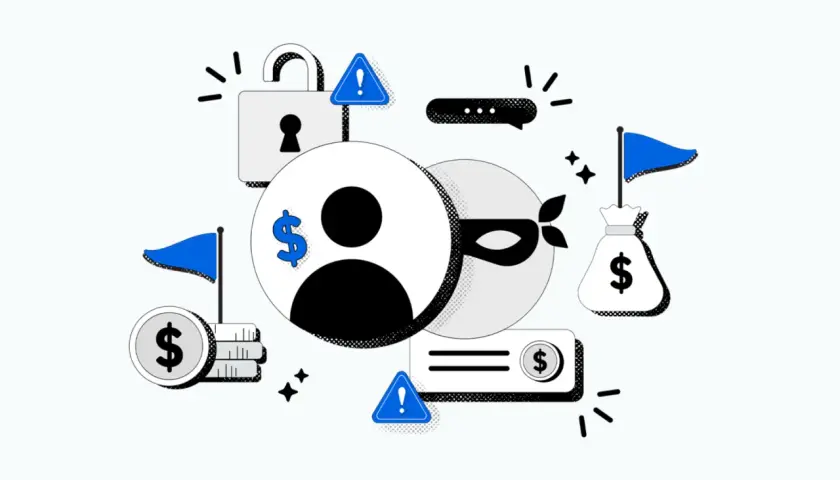 Ilustración de un ladrón enmascarado acechando a un usuario con un símbolo de dólar, rodeado de candados, banderas, bolsas de dinero y advertencias. Representa los problemas de multipropiedad y estafas.