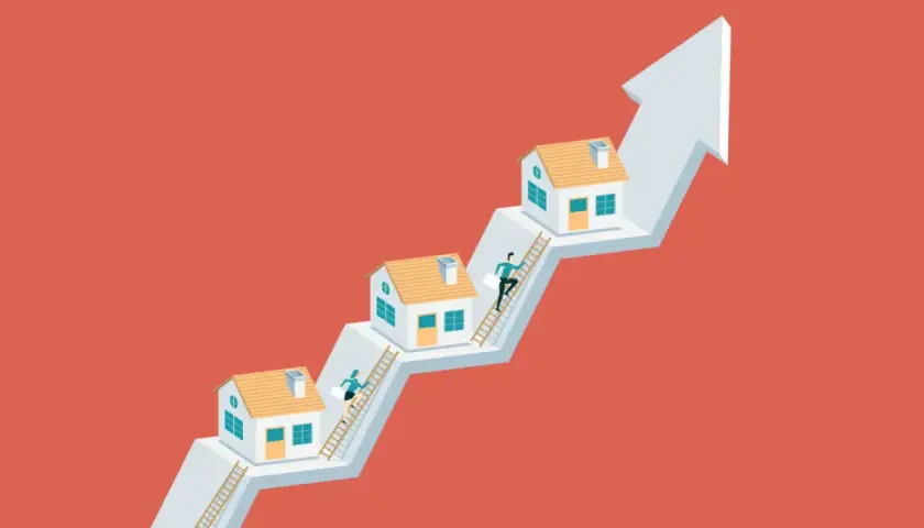Casas subiendo una flecha ascendente, como si fueran una socimi en crecimiento. Personas escalan para alcanzarlas.