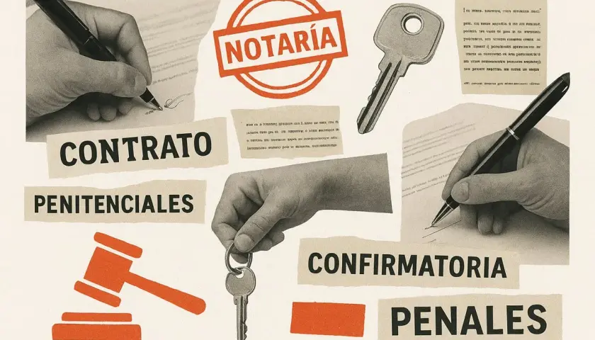 Manos firmando un contrato, una llave y un mazo de juez. Se pregunta qué son las arras de un piso, con términos legales como "penitenciales" y "penales".