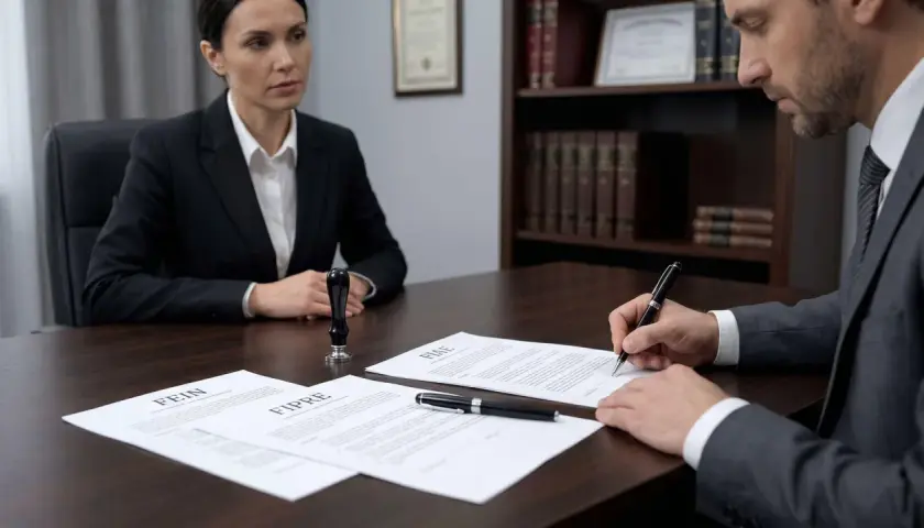Un hombre firma un documento en una oficina, mientras una mujer observa. El documento tiene la palabra "FEIN" visible, indicando el momento en que se firma la fein.