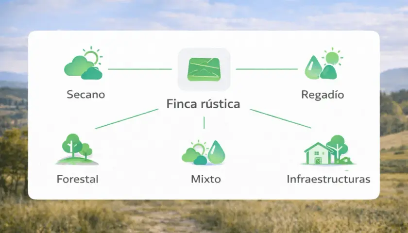 Diagrama que muestra cómo tasar finca rústica: secano, regadío, forestal, mixto e infraestructuras.