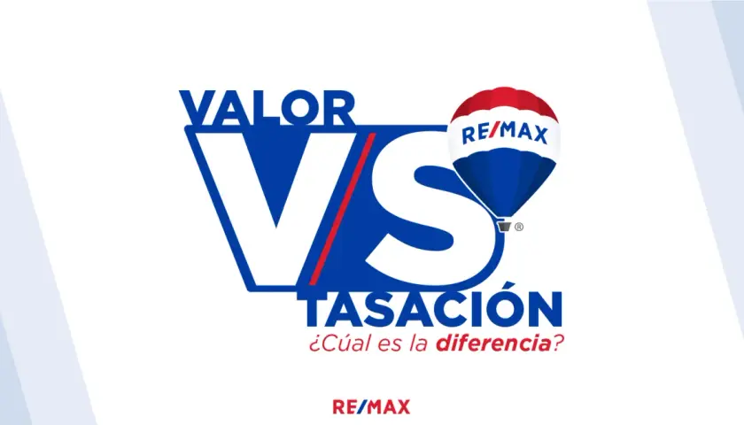 Valor hipotecario vs. valor de mercado. Un globo aerostático de RE/MAX flota sobre el texto, preguntando "¿Cuál es la diferencia?".