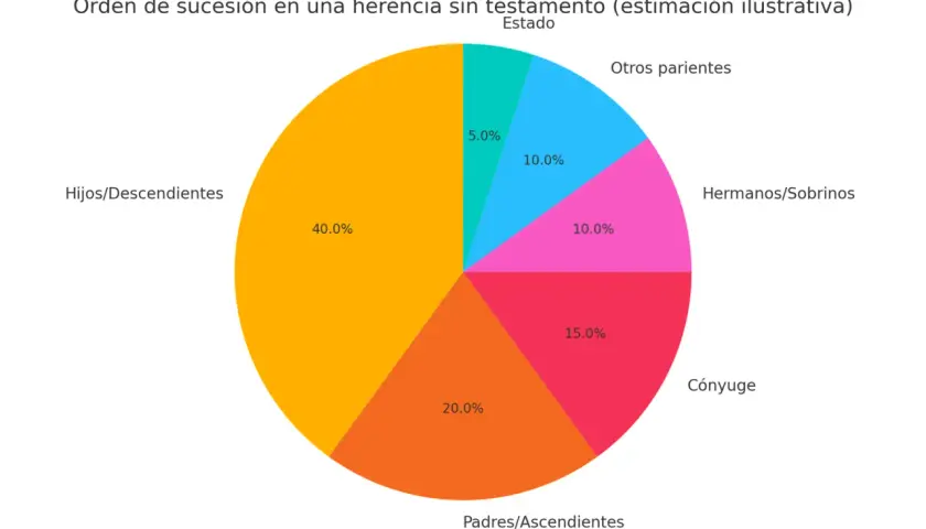 Gráfico de pastel que ilustra como se reparte una herencia sin testamento: hijos (40%), padres (20%), cónyuge (15%), hermanos (10%), otros parientes (10%) y estado (5%).