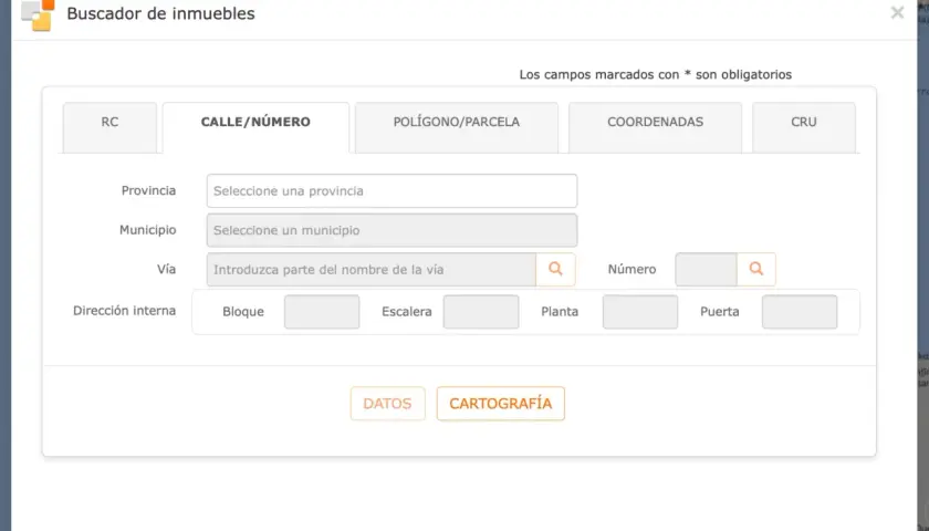 Buscador de inmuebles para una nota simple sin referencia catastral. Introduce datos de calle, número, provincia y municipio.