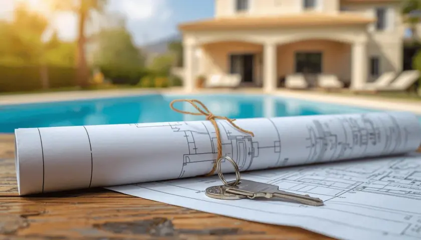 Planos de una casa con piscina y llaves. Un sueño hecho realidad, como obtener una nota simple registro propiedad gratis.