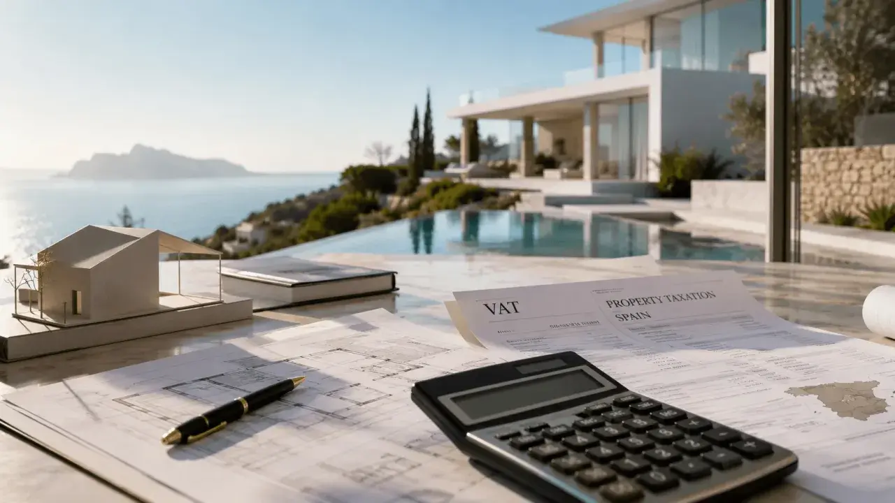 Planos, maqueta de casa, calculadora y documentos sobre impuestos de iva vivienda nueva en España, con una villa moderna y el mar de fondo.
