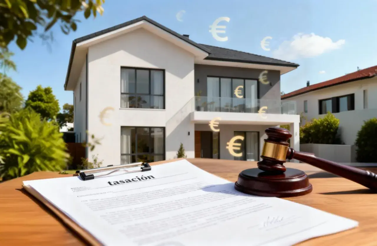 Un mazo de juez y un documento de tasación frente a una casa moderna, con símbolos de euros flotando. Reflexiona sobre qué impuestos se pagan al comprar una casa.