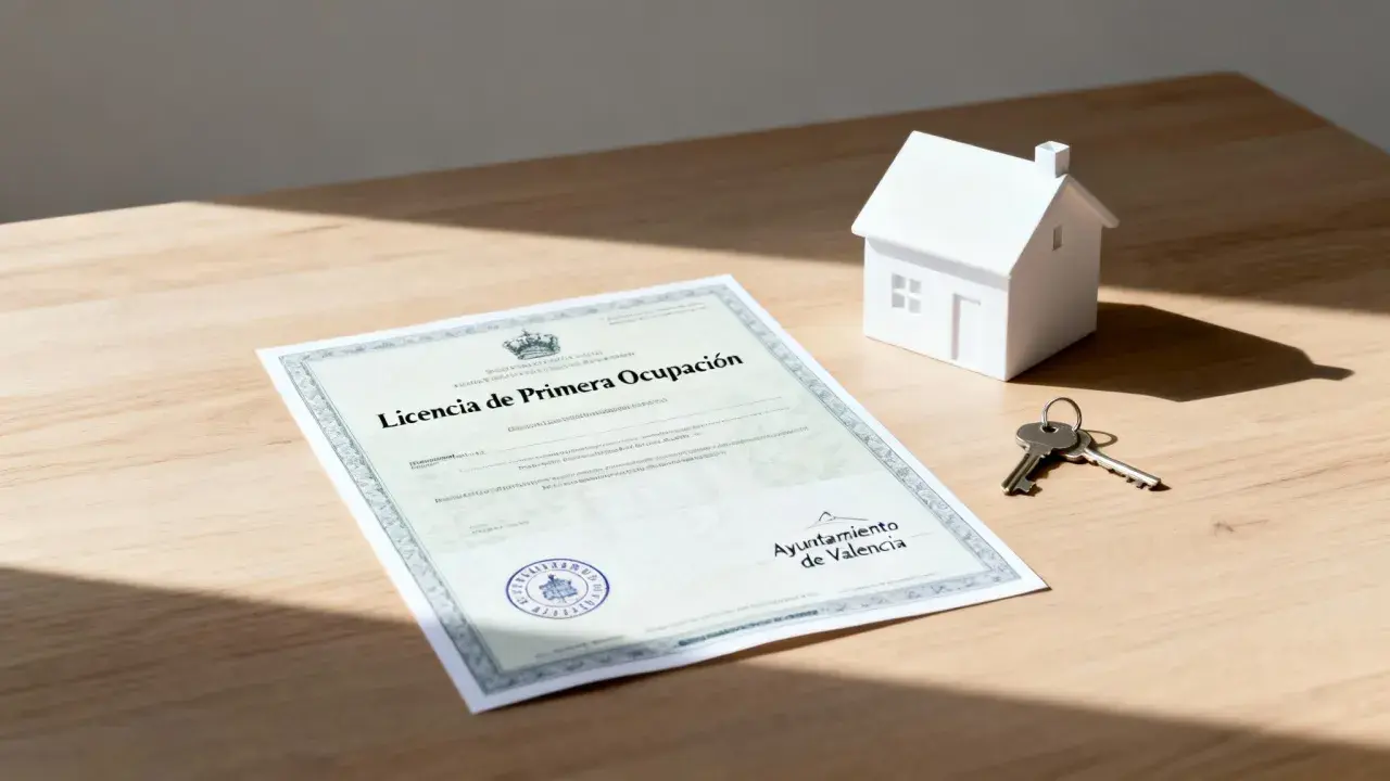 Documento de licencia de primera ocupación, llaves y maqueta de casa sobre mesa de madera.
