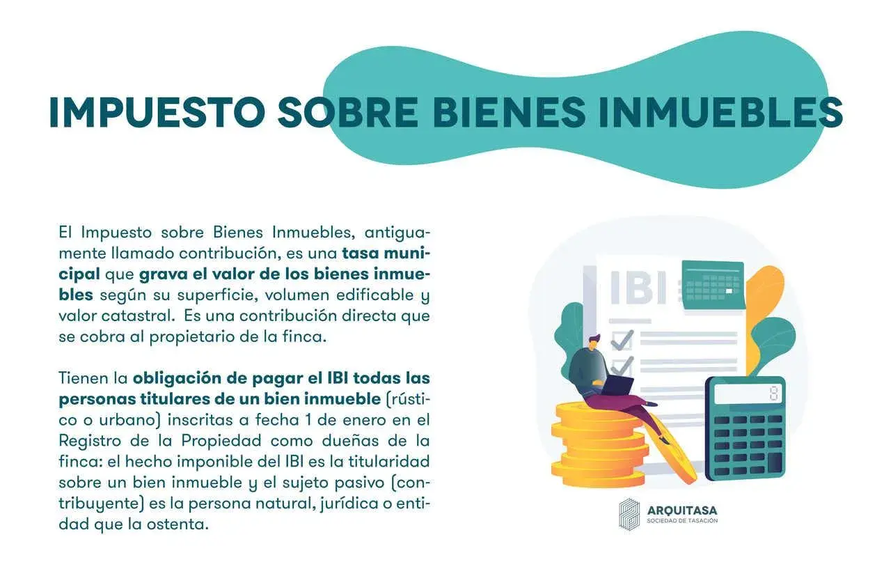 Ilustración sobre el IBI, impuesto que grava el valor catastral de bienes inmuebles. Un hombre revisa documentos con una calculadora y monedas.