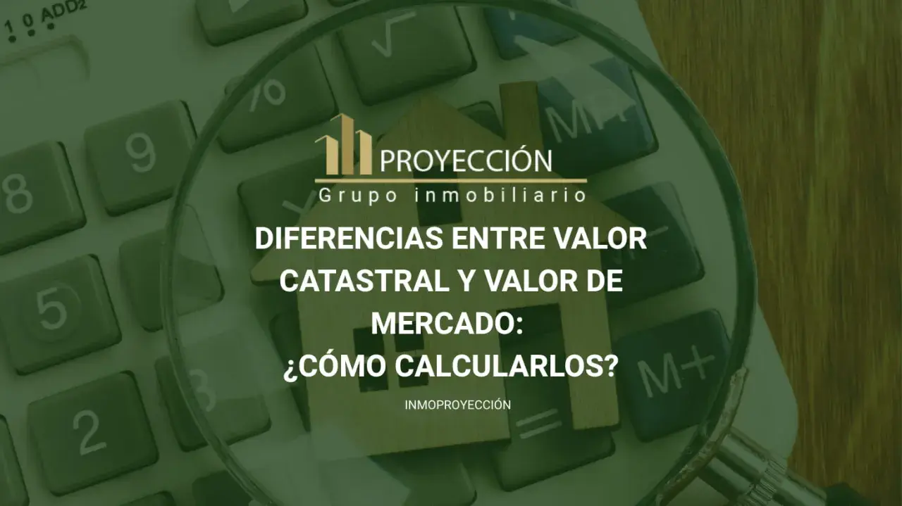 Calculadora y lupa sobre una casa de madera, con texto sobre valor catastral y precio de venta.