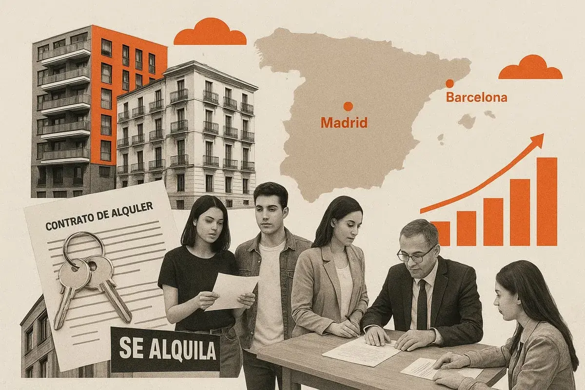 Jóvenes deciden si comprar o alquilar una vivienda en España, con un contrato de alquiler y llaves.