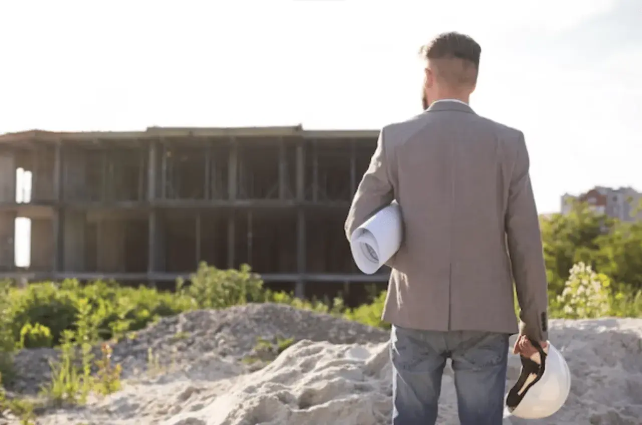 Arquitecto revisa la ficha urbanística de un edificio en construcción.