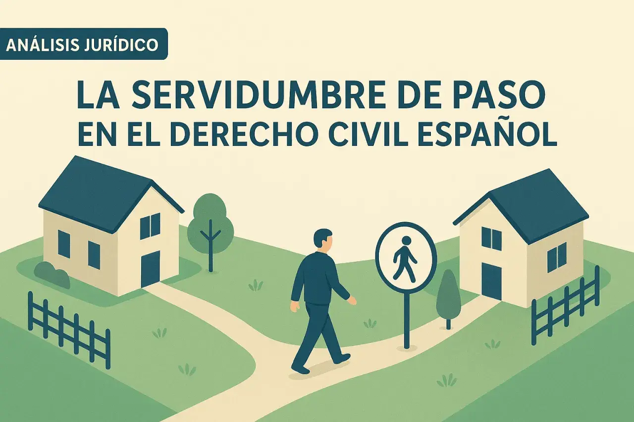 Ilustración de dos casas conectadas por un camino, con un hombre caminando. Representa la servidumbre de paso sin escriturar en el derecho civil español.