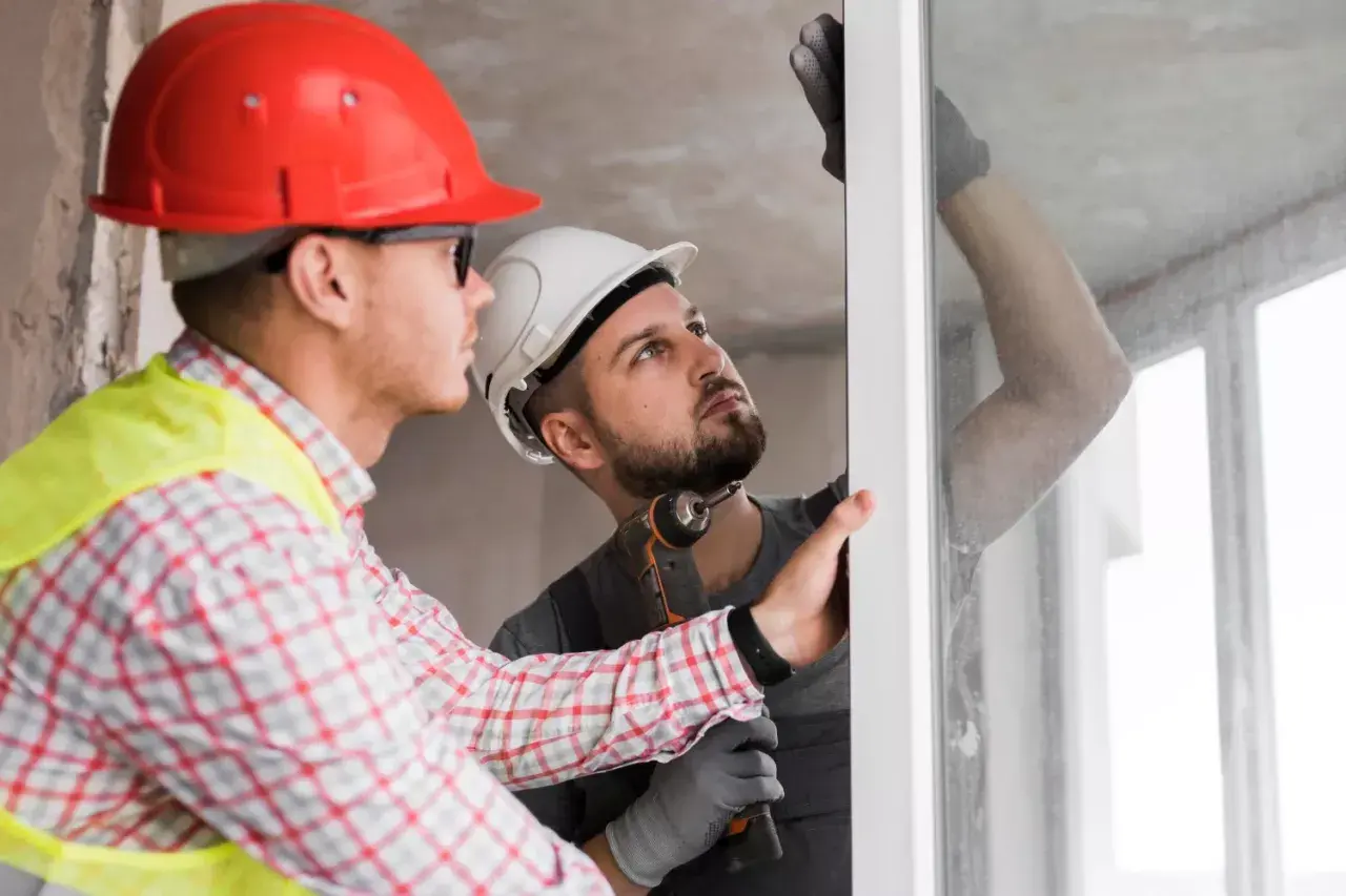 Dos obreros instalan un marco de ventana. Uno usa casco rojo y chaleco amarillo, el otro casco blanco y guantes. Sus **clikalia opiniones** sobre el trabajo son positivas.