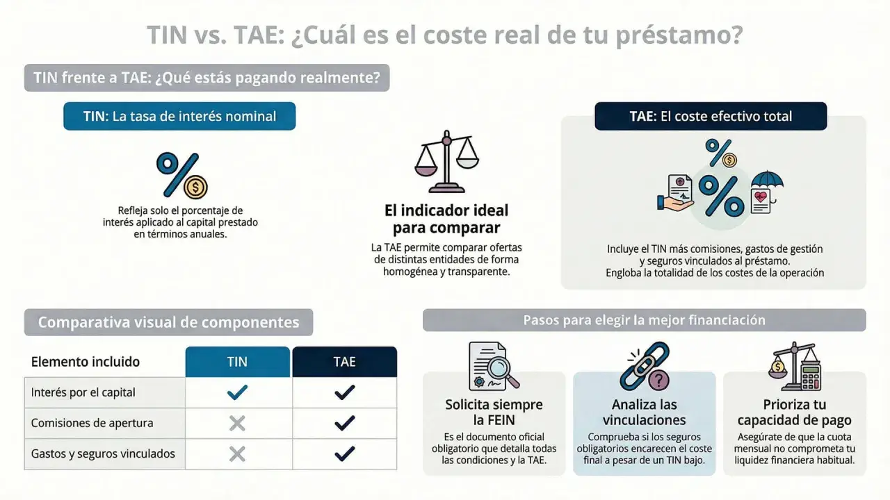 Infografía compara TIN y TAE para hipotecas, mostrando que la TAE incluye comisiones y seguros, ofreciendo el coste real.