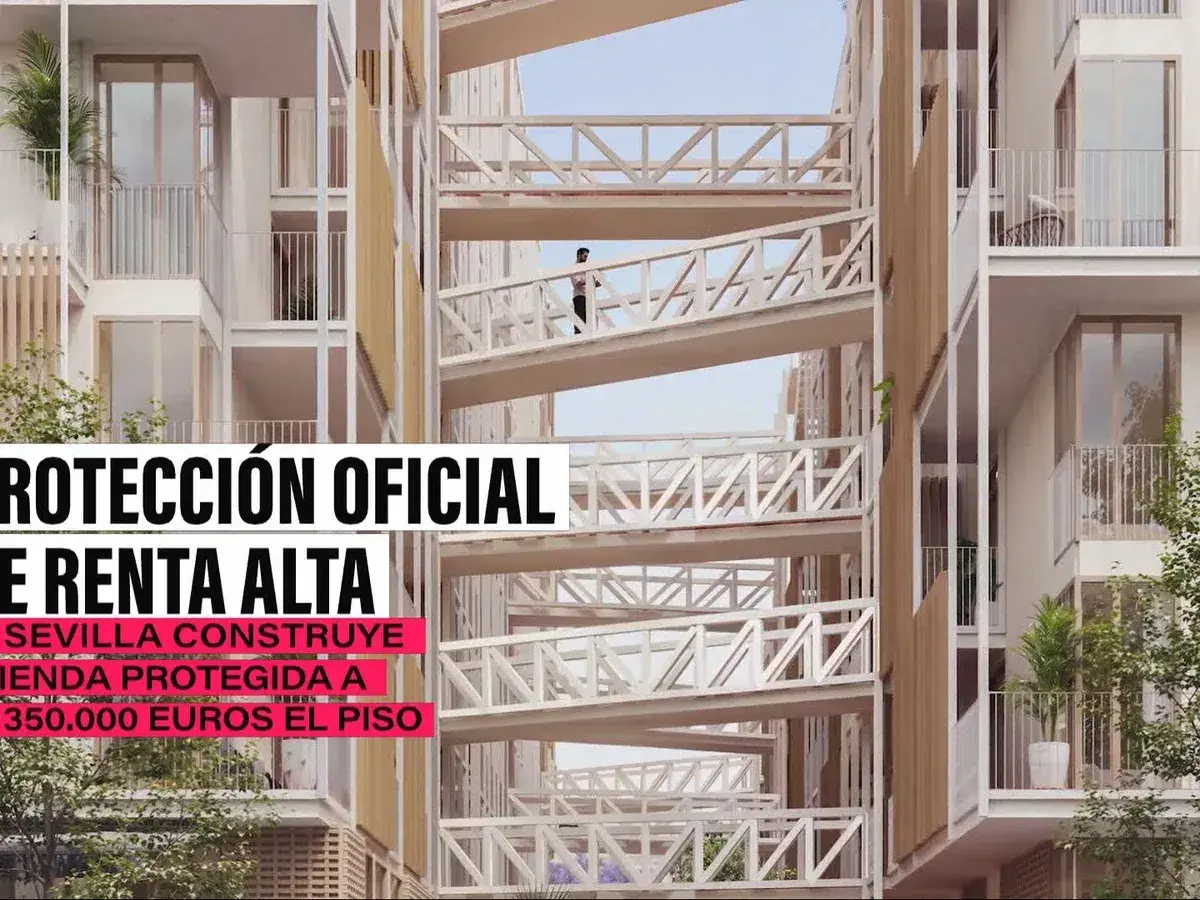 Edificio moderno con pasarelas en espiral. Se anuncia "vivienda protegida" a 350.000 euros el piso en Sevilla.