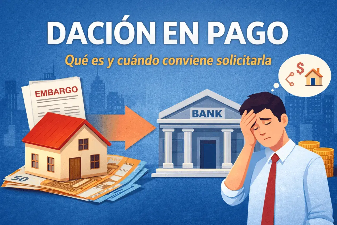 Un hombre preocupado piensa en el dación en pago significado, mientras una casa y dinero se dirigen a un banco.