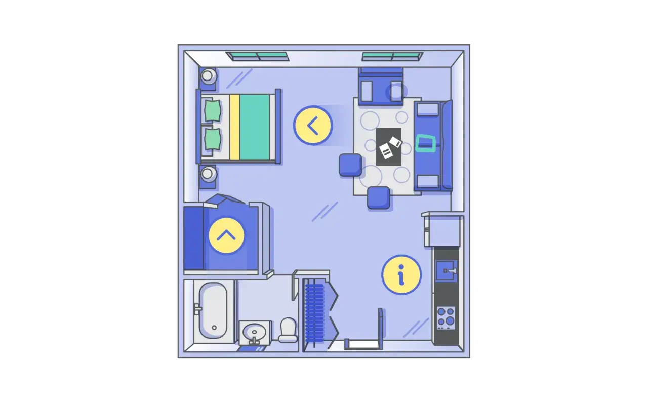 Plano de vivienda con dormitorio, salón, baño y cocina. Ideal para conseguir planos vivienda online y visualizar tu futuro hogar.