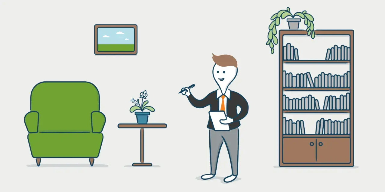 Un hombre con traje revisa un bien inmueble, con un sillón verde, una planta y una estantería llena de libros.