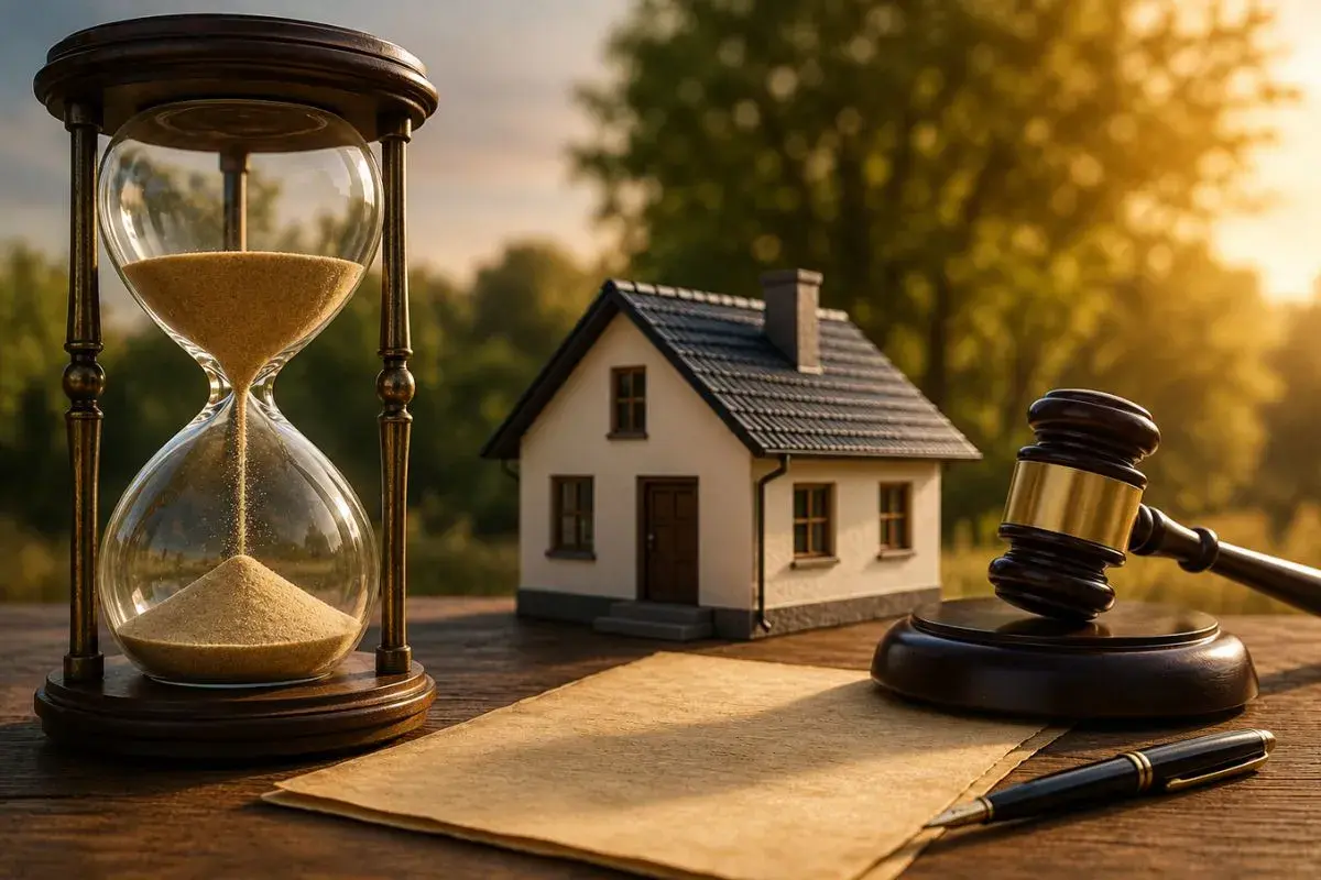 Reloj de arena, casa, mazo y papel. El tiempo es clave para la usucapión según el Código Civil.