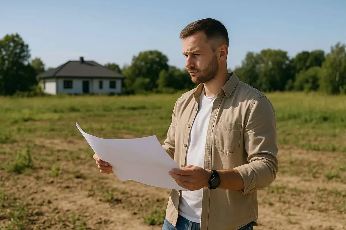 Un tasador de terrenos revisa planos en un campo abierto, con una casa en el fondo.