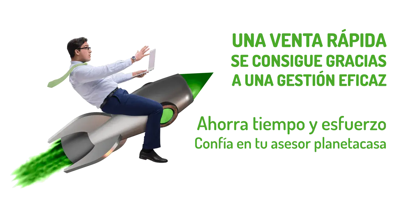 Hombre en cohete, simbolizando cómo vender un piso rápido con gestión eficaz. Ahorra tiempo y esfuerzo.