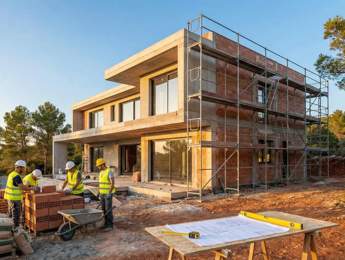 Construcción de casa moderna. Obreros trabajan en muros de ladrillo. Planos y herramientas sobre mesa. Pregunta: cuanto cuesta hacerse una casa teniendo el terreno.