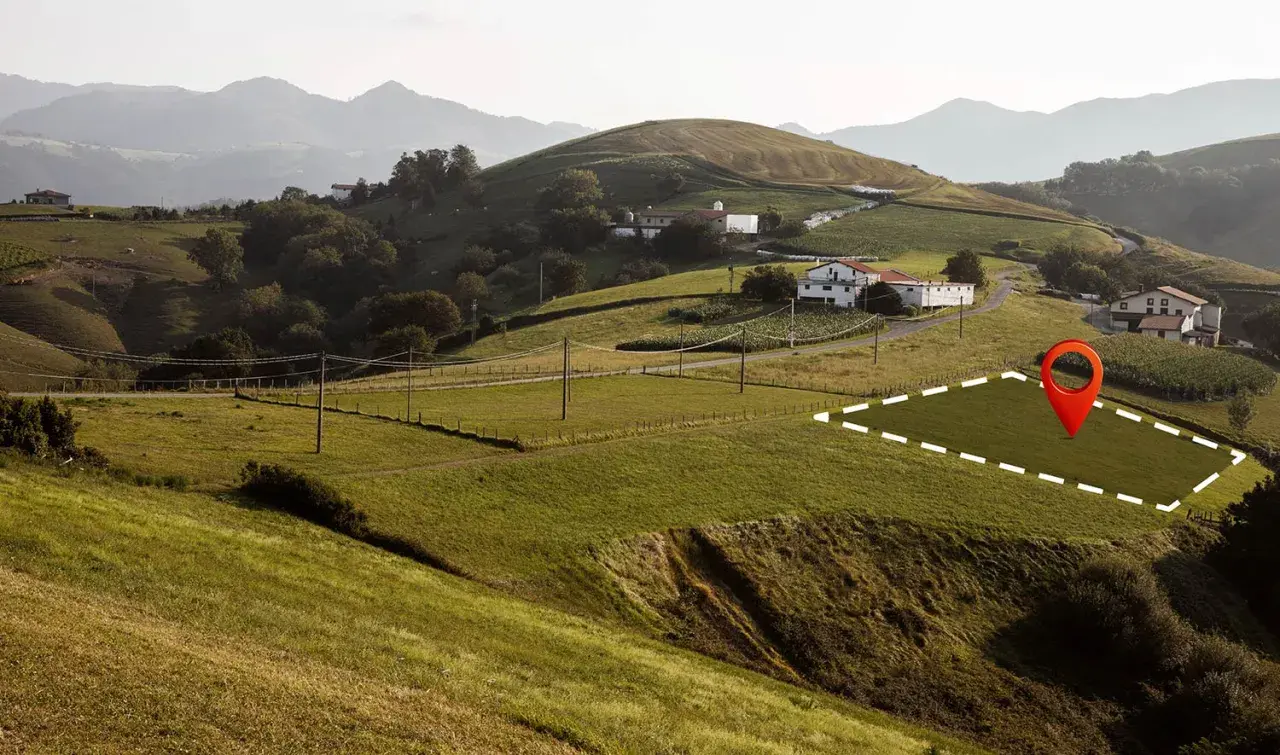 Parcela marcada en un paisaje montañoso, ideal para aprender como calcular el desnivel de un terreno y planificar construcciones.