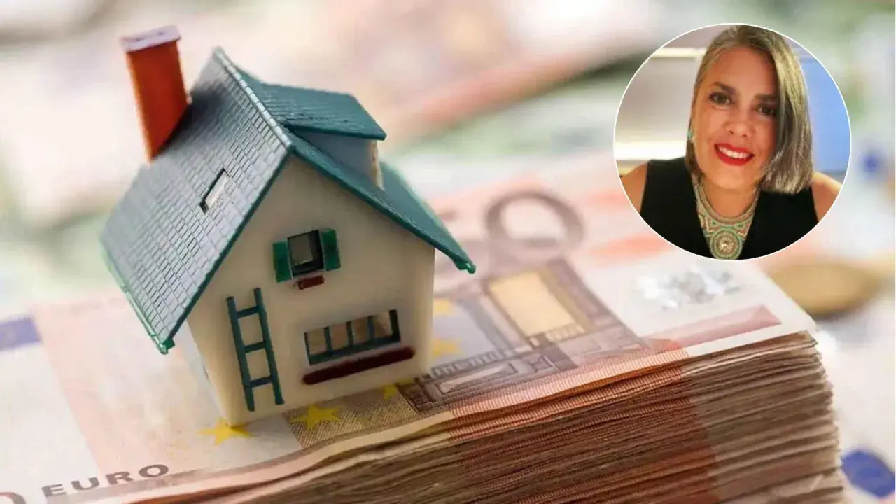 Casa en billetes de euro, con una mujer sonriendo. Guía para los pasos hipoteca.